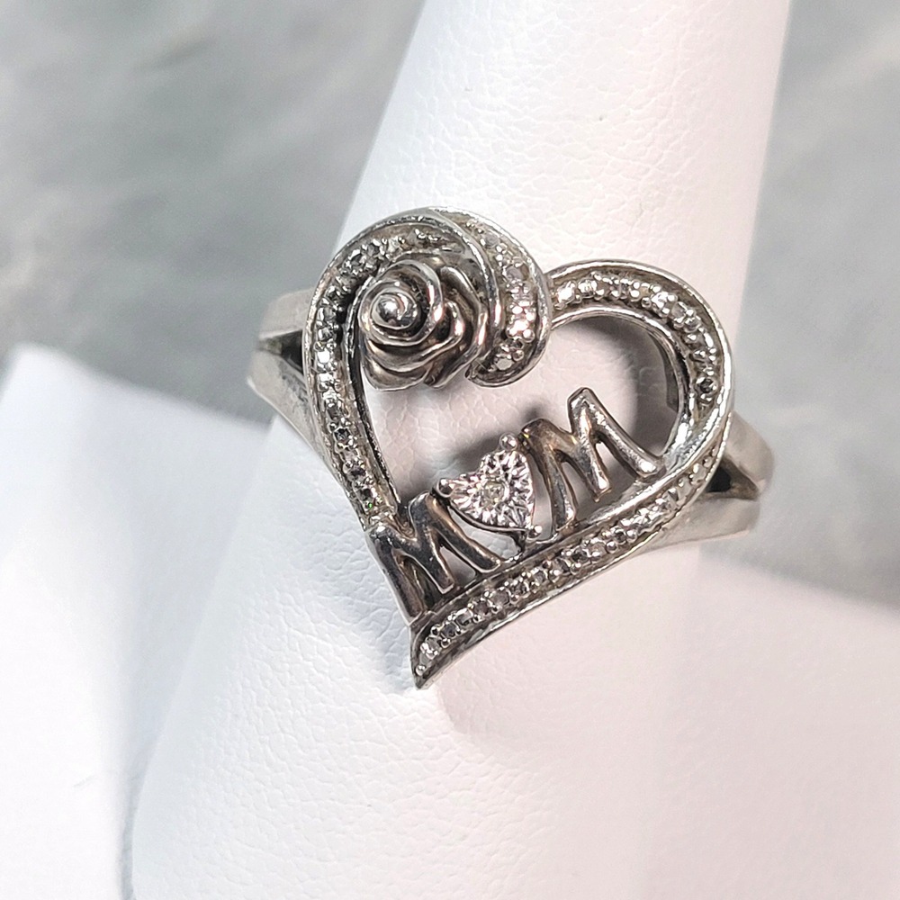 Sterling Silver MOM Heart Ring Rose Clear Stone Style 925 Size 8.5